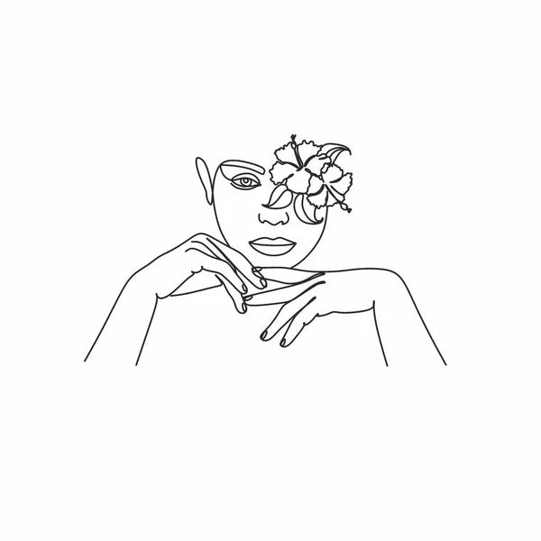 Dibujo Línea Cara Abstracta Con Flores Mariposa Por Dibujo Una — Vector de stock