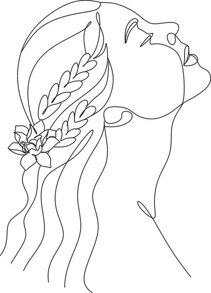 Belleza Cara Mujer Con Flores Una Línea Dibujo Arte Abstracto — Vector de stock