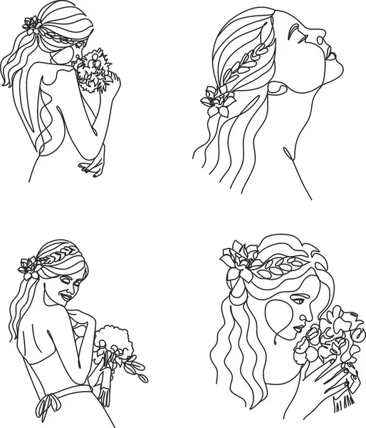 Beauté Femme Visage Avec Des Fleurs Une Ligne Dessin Art — Image vectorielle
