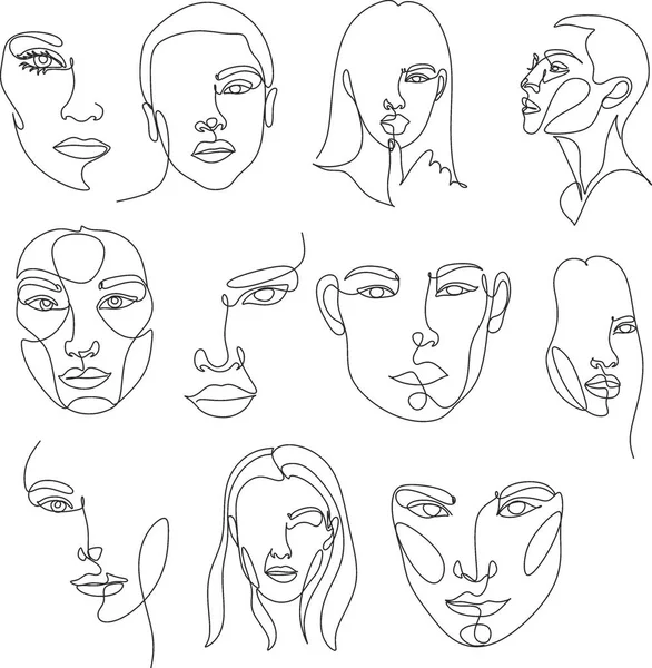 Visages Surréalistes Ligne Continue Dessin Décors Coiffure Concept Mode Femme — Image vectorielle