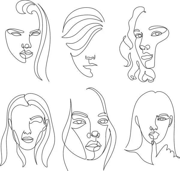 Set Surreal Faces Continuous Line Drawing Set Faces Hairstyle Fashion — Stock Vector