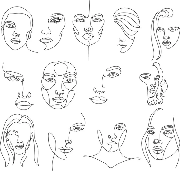 Ställ Surrealistiska Ansikten Kontinuerlig Linje Teckning Set Ansikten Och Frisyr — Stock vektor