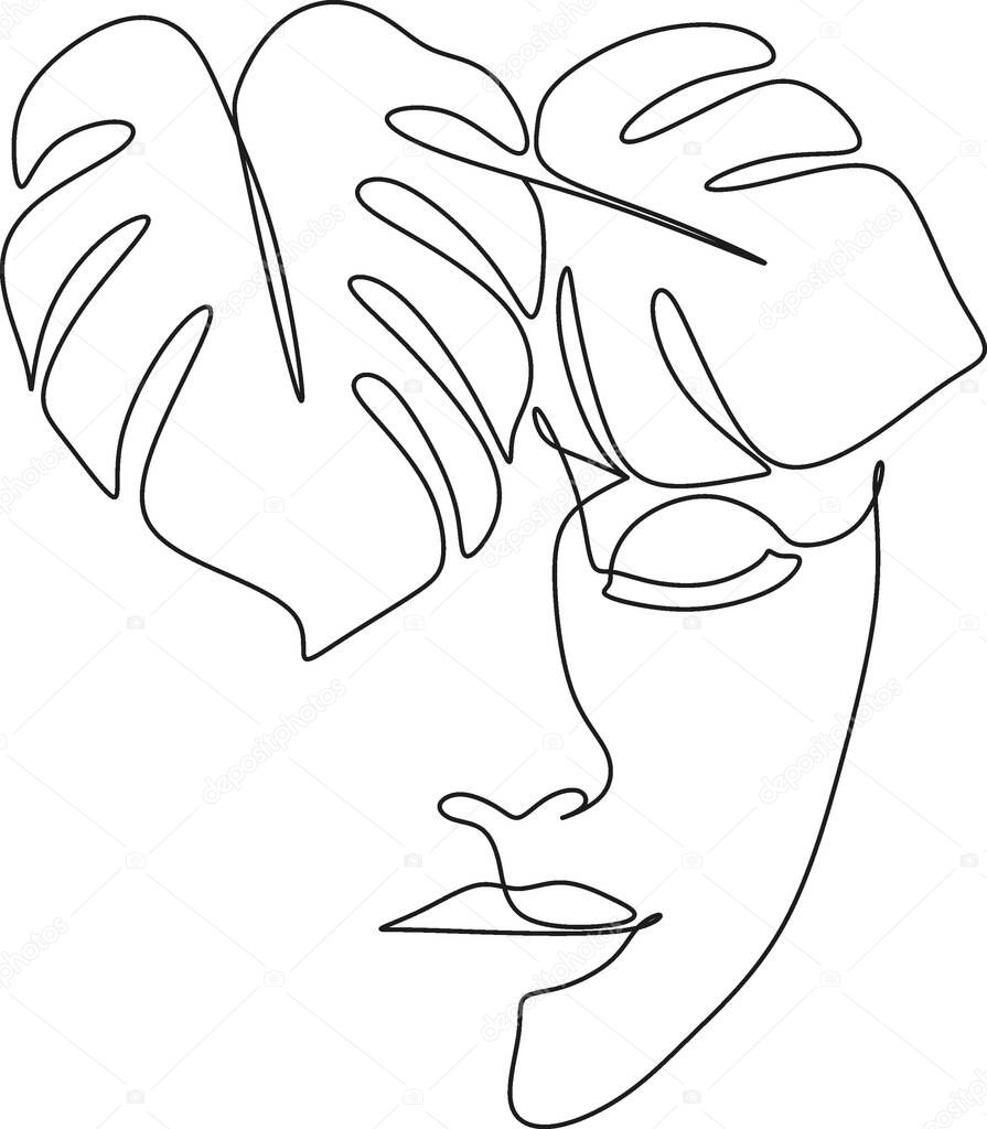 Beauty woman face with monstera leaves One Line drawing art. Continuous line icon for spa salon or organic cosmetics logotype. Woman Face Line Vector