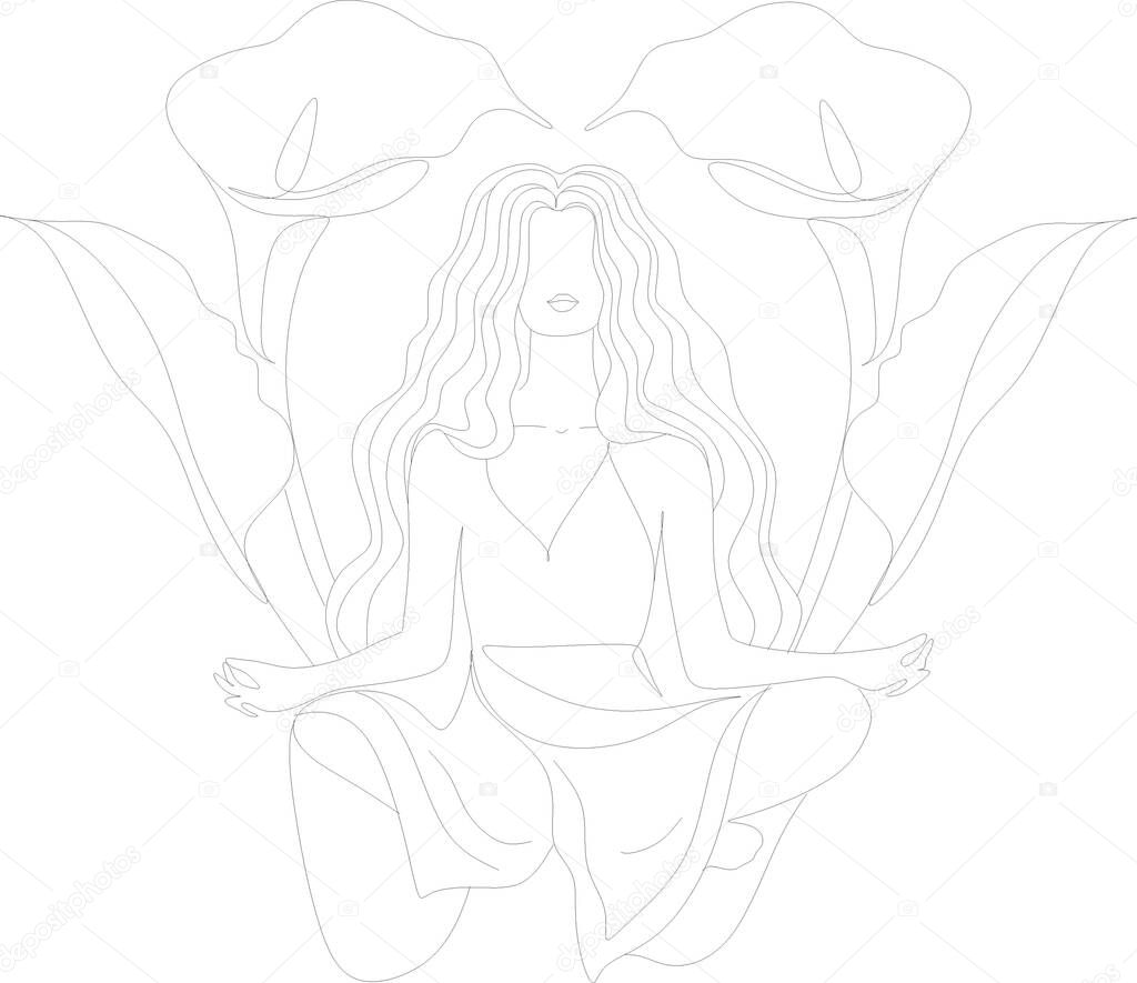 Beauty woman face with flowers one line drawing art. Abstract minimal portrait continuous line. Minimalist Orchids flowers in hair Vector illustration