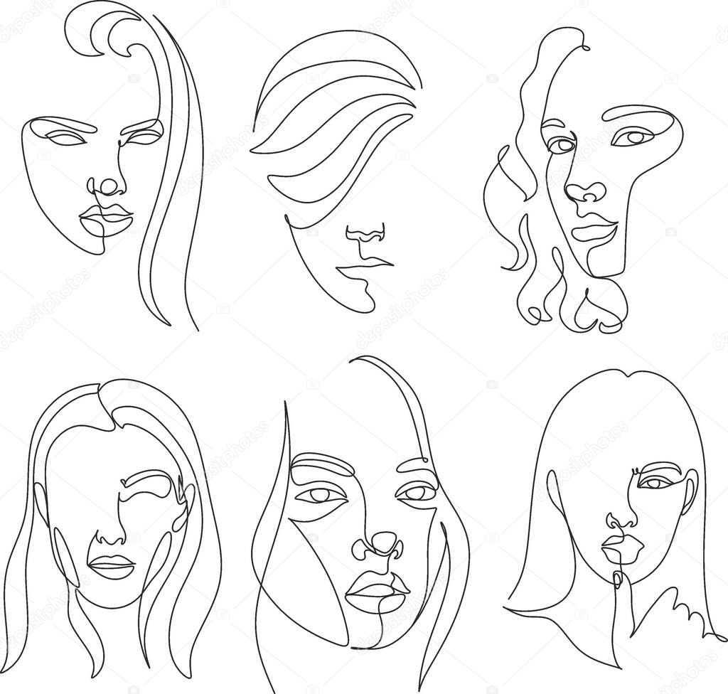 Set surreal Faces Continuous line, drawing of set faces and hairstyle, fashion concept, woman beauty minimalist, vector illustration pretty sexy. Contemporary portrait