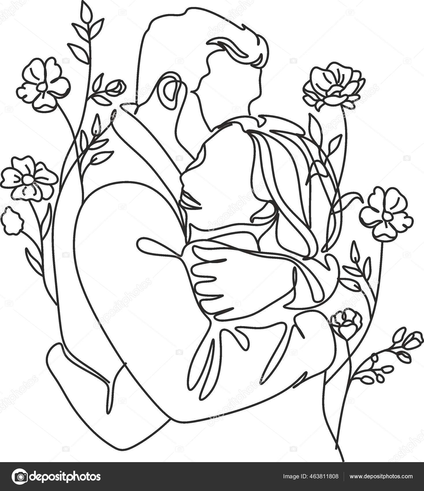 line art drawing cute couple kiss romantic. Stock Vector