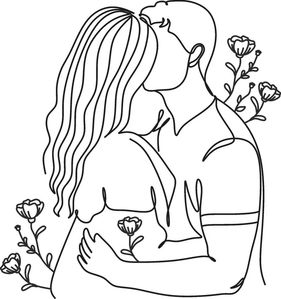 Couple Abstrait Embrasser Avec Dessin Ligne Fleurs Portrait Style Minimaliste — Image vectorielle