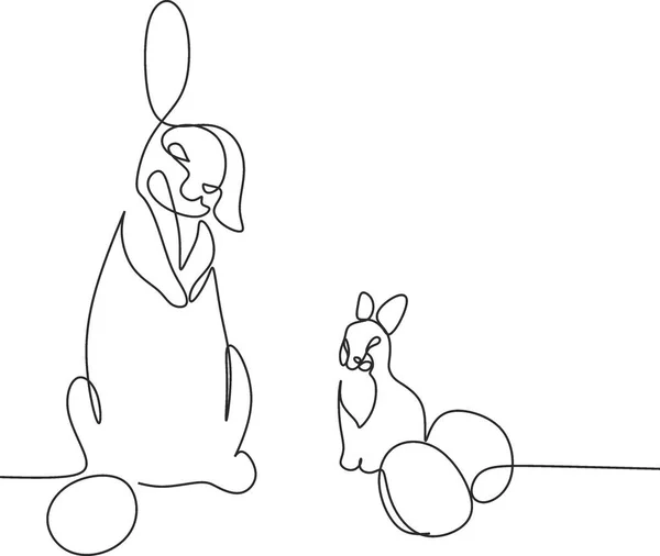 イースターバニー連続1ライン図面 イースターカードラインアートスタイルウサギと バニーミニマリズム 春のデザインのための輪郭イラスト — ストックベクタ