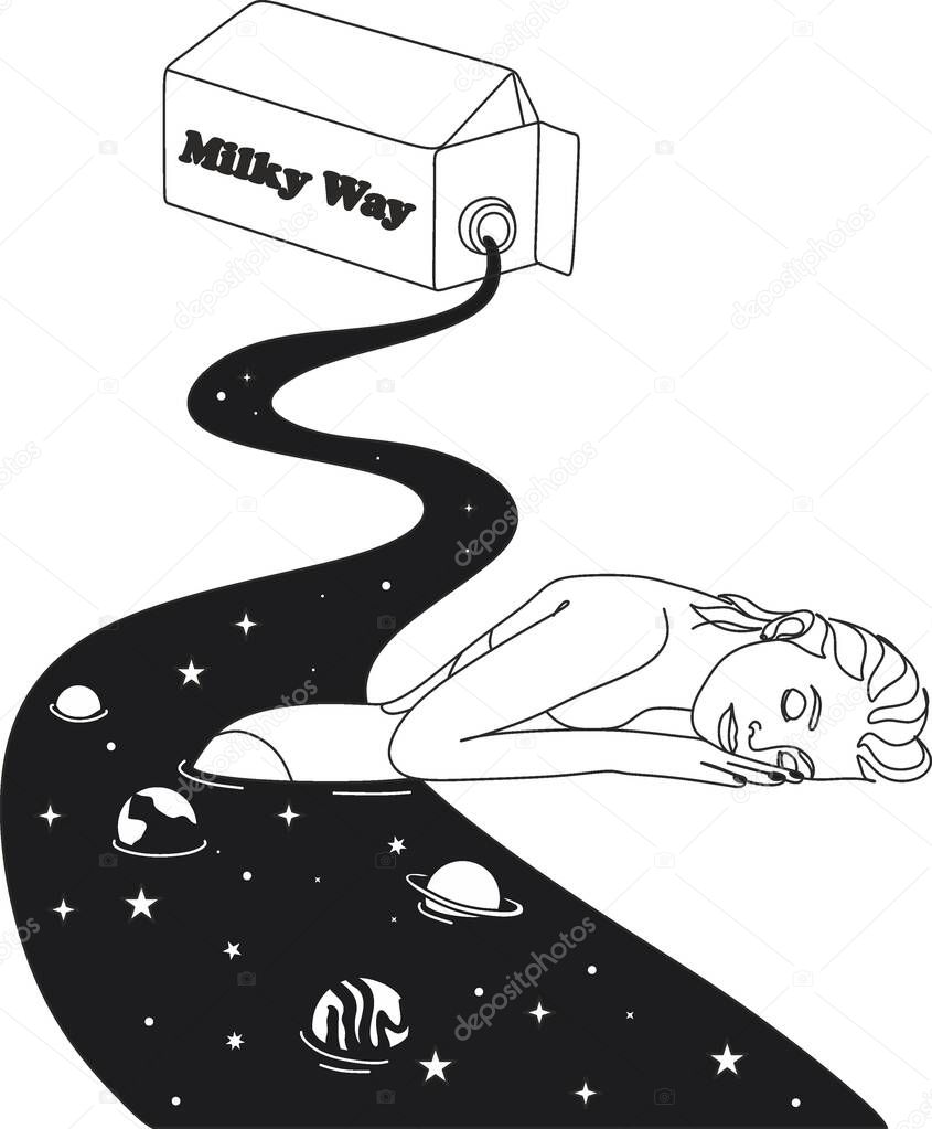 Surreal woman, hand drawn psychedelic woman in milky way, mystical esoteric art. Cosmic fantasy hand drawn line art. Abstract Milky Way