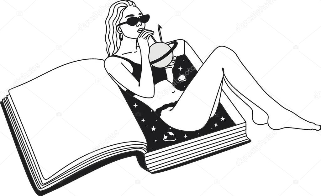 Vector hand drawn illustration of surreal woman. Tattoo artwork. Beautiful girl lying in a book. Fantasy hand drawn line art. Surrealism