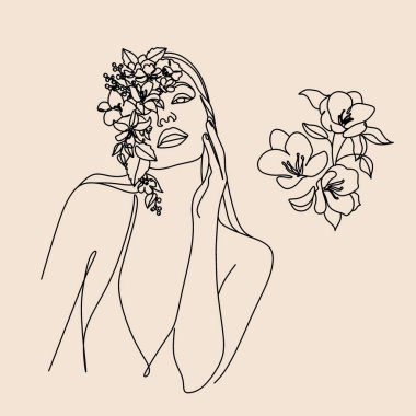 Bir çizgi çizerek soyut bir yüz ve çiçekler. Portre minimalist stil. Botanik parmak izi. Kozmetiğin doğa sembolü. Modern sürekli çizgi sanatı. Moda baskısı. Tablo Yazdırma