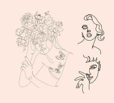 Bir çizgi çizerek soyut bir yüz ve çiçekler. Portre minimalist stil. Botanik parmak izi. Kozmetiğin doğa sembolü. Modern sürekli çizgi sanatı. Moda baskısı. Tablo Yazdırma