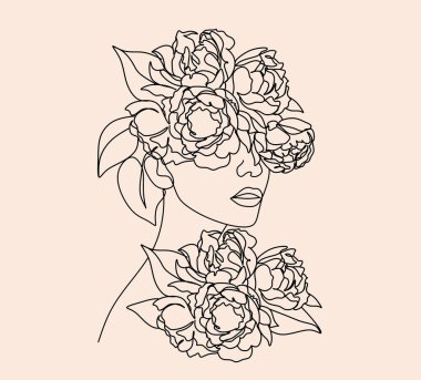 Bir çizgi çizerek soyut bir yüz ve çiçekler. Portre minimalist stil. Botanik parmak izi. Kozmetiğin doğa sembolü. Modern sürekli çizgi sanatı. Moda baskısı. Tablo Yazdırma