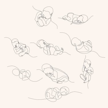 Bir çizgi bir bebeğin resimlerini çiziyor. Uyuyan şirin bebek elinden siluetin bir resmini çizmiş. Modern minimalizm sanatı. Minimalist tarzda küçük bir çocuk. Vektör illüstrasyonu