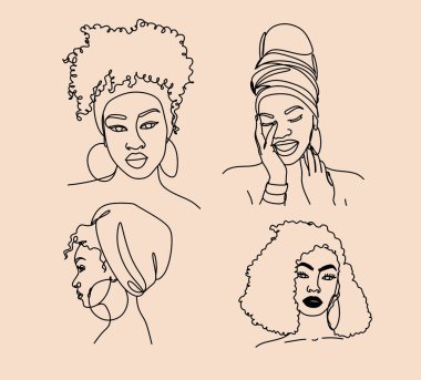 Sürekli çizgi, set yüzleri ve saç stili çizimi, moda konsepti, kadın güzellik minimalisti, tişört için vektör illüstrasyonu, slogan tasarım grafikleri tarzı