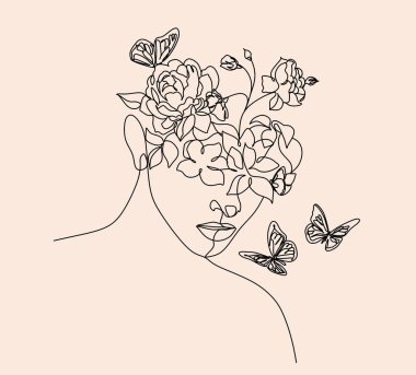 Bir çizgi çizerek soyut bir yüz ve kelebek. Portre minimalist stil. Botanik parmak izi. Kozmetiğin doğa sembolü. Modern sürekli çizgi sanatı. Moda baskısı. Beaty Salon Sanat Kanvası Yazdırma