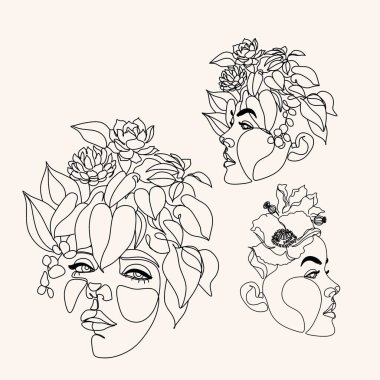 Çiçek kompozisyonu olan kadın kafası. El çizimi vektör çizgisi çizimi. Bir Satır biçimi.
