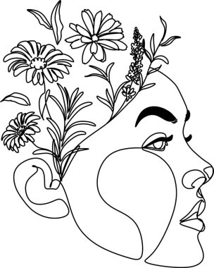 Çiçek kompozisyonu olan kadın kafası. El çizimi vektör çizgisi çizimi. Bir Satır biçimi.