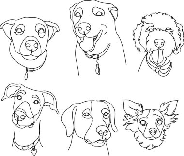 Doğrusal olarak evcil hayvan çizimi. Köpek yetiştirir. Çocuklar, veterinerler ve peta için vektör illüstrasyonu.