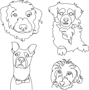 Doğrusal olarak evcil hayvan çizimi. Köpek yetiştirir. Çocuklar, veterinerler ve peta için vektör illüstrasyonu.