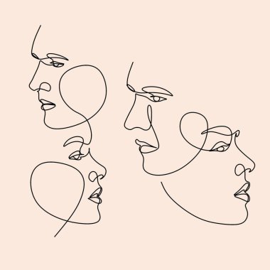 Aşıkların sürekli öpüştüğü çizimler. Sevgililer Günü, düğün davetiyeleri, diğer projeler. Erkek ve kadın portre resmi çiziyor. Vektör illüstrasyonu.