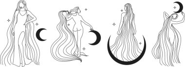 Yoga yapan bir kadın, ay ve güneş ile dağlarda meditasyon için poz verir. Motivasyonel poster alıntısı ile modern minimalist mistik astroloji estetik çizimi. Güzel poster.