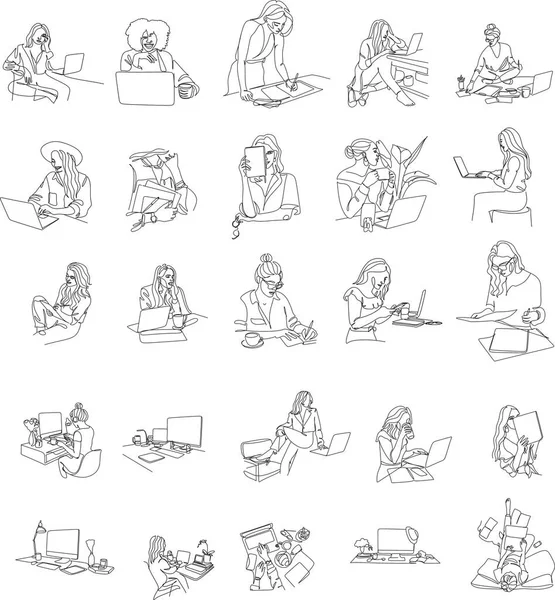 Непрерывный Рисунок Одной Линии Женщины Ноутбуком Одной Строкой Сет Бизнесмен — стоковый вектор