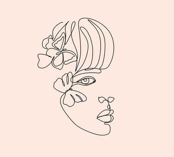 Cara Abstracta Con Flores Por Dibujo Una Línea Retrato Estilo — Vector de stock