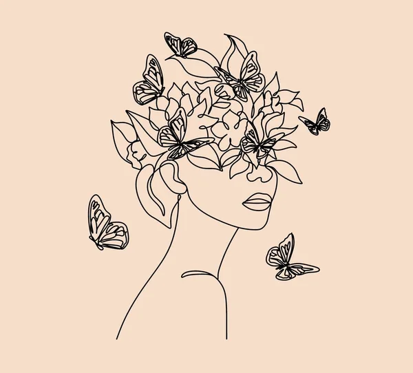 Cara Abstracta Con Flores Por Dibujo Una Línea Retrato Estilo — Archivo Imágenes Vectoriales