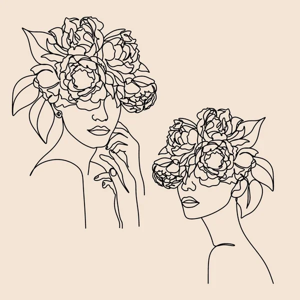 Abstrakt Ansikte Med Blommor Genom Linje Ritning Porträtt Minimalistisk Stil — Stock vektor