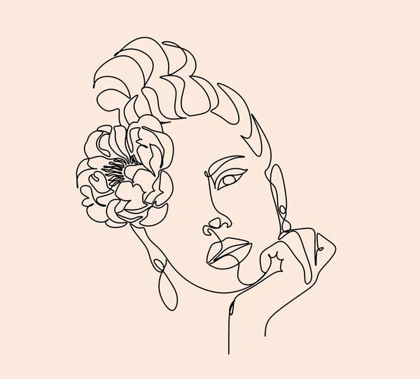 Cara Abstracta Con Flores Por Dibujo Una Línea Retrato Estilo — Vector de stock