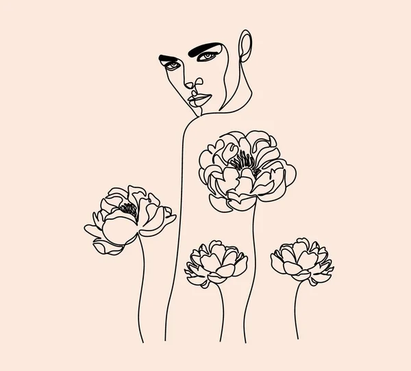 鳥や花と女性の線画の顔 アートラインの花の頭 ミニマルな女性の