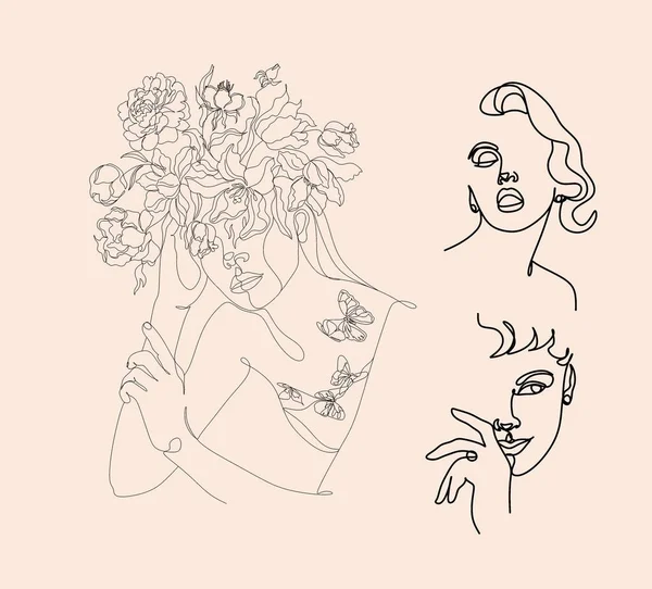 Abstraktes Gesicht Mit Blumen Nach Einer Linienzeichnung Portrait Minimalistischen Stil — Stockvektor