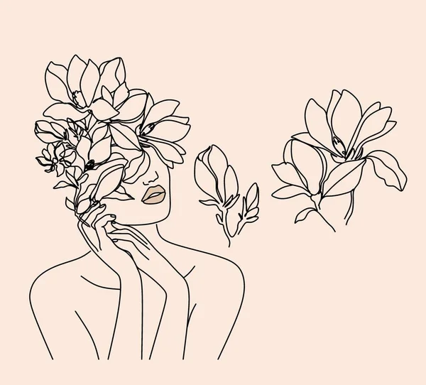 Rosto Abstrato Com Flores Por Desenho Linha Estilo Minimalista Retrato — Vetor de Stock