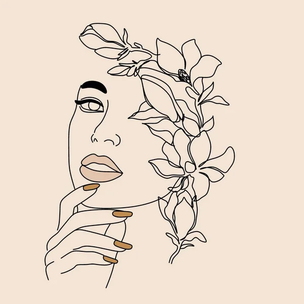 Rosto Abstrato Com Flores Por Desenho Linha Estilo Minimalista Retrato — Vetor de Stock