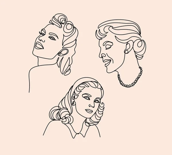 Continuous Line Drawing Set Faces Hairstyle Fashion Concept Woman Beauty — Stock Vector