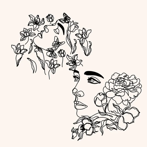 花の組成物と女性の頭 手描きベクトル線画イラスト 一本の線画 — ストックベクタ