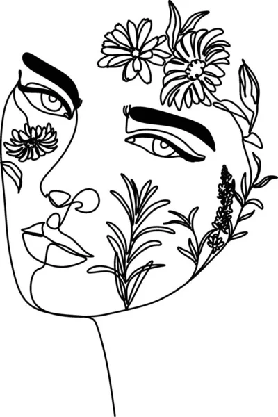 Woman Head Flowers Composition Hand Drawn Vector Line Art Illustration — Stock Vector