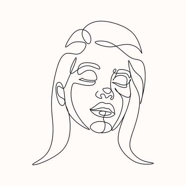 Abstract Portrait Young Pretty Woman Continuous One Line Drawing Isolated — Stock Vector