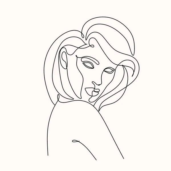 Abstract Portrait Young Pretty Woman Continuous One Line Drawing Isolated — Stock Vector