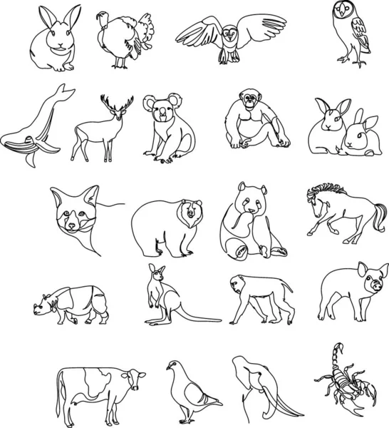 Vector Line Set Domestic Farm Wild Animals Modern Outline Icons — Stock Vector