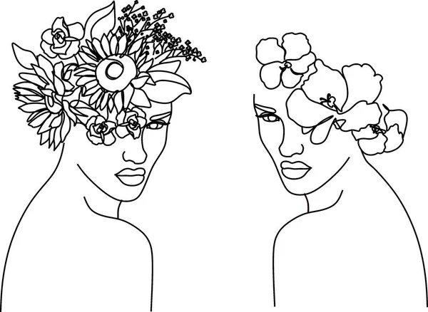 Kvinnligt Huvud Med Blommor Linje Ritning Kontinuerlig Linje Kvinna Och — Stock vektor