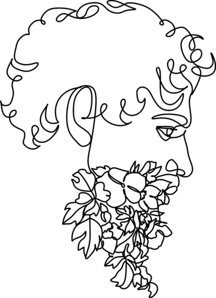 髭のヒップスター男 大人のためのぬりえブックページ 手は長いひげと金の花でヒップスター男を描きました 黒と白だ 春の花 線画だ 金色の輝きの質感効果 — ストックベクタ