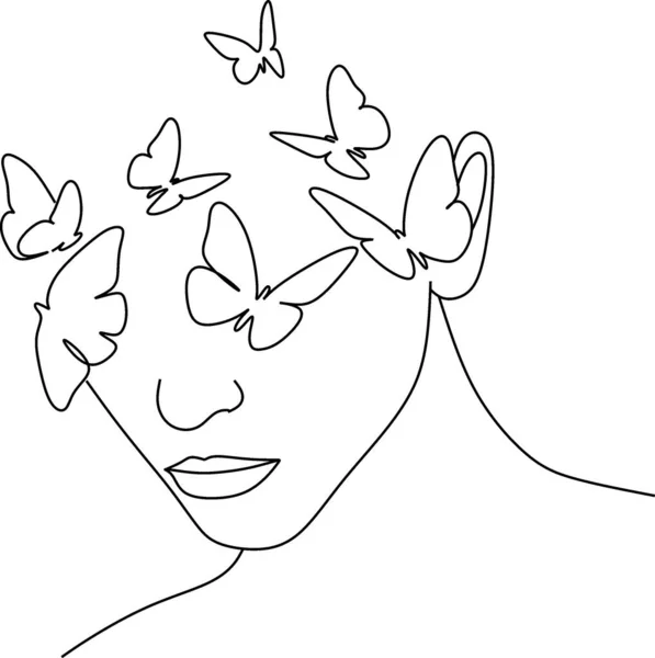 蝶の現実の顔連続線 セットの顔や髪型 ファッションコンセプト 女性の美しさを最小限に抑え ベクトルイラストはかなりセクシーの描画 現代肖像画 — ストックベクタ