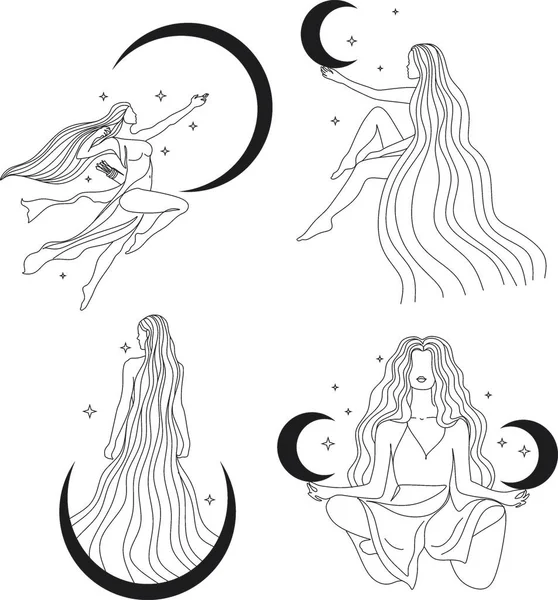 Yoga yapan bir kadın, ay ve güneş ile dağlarda meditasyon için poz verir. Motivasyonel poster alıntısı ile modern minimalist mistik astroloji estetik çizimi. Güzel poster.