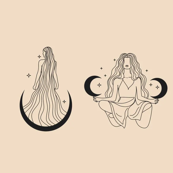 Милая Девушка Длинными Волосами Спит Луне Романтические Сны Ночным Небом — стоковый вектор