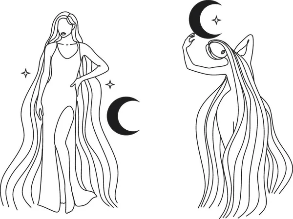 Una Dama Misteriosa Con Luna Pelo Ilustración Dibujada Mano Vectorial — Archivo Imágenes Vectoriales