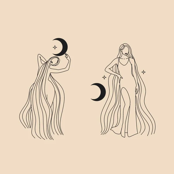 长头发的可爱女孩睡在月亮上 浪漫的梦与夜空和星星 女子拥抱着新月的矢量图解 现代女巫的概念塔罗牌封盖 明信片的设计 — 图库矢量图片
