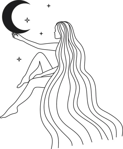 Tajemnicza Kobieta Księżycem Włosach Wektor Ręcznie Rysowane Ilustracji Stylu Boho — Wektor stockowy