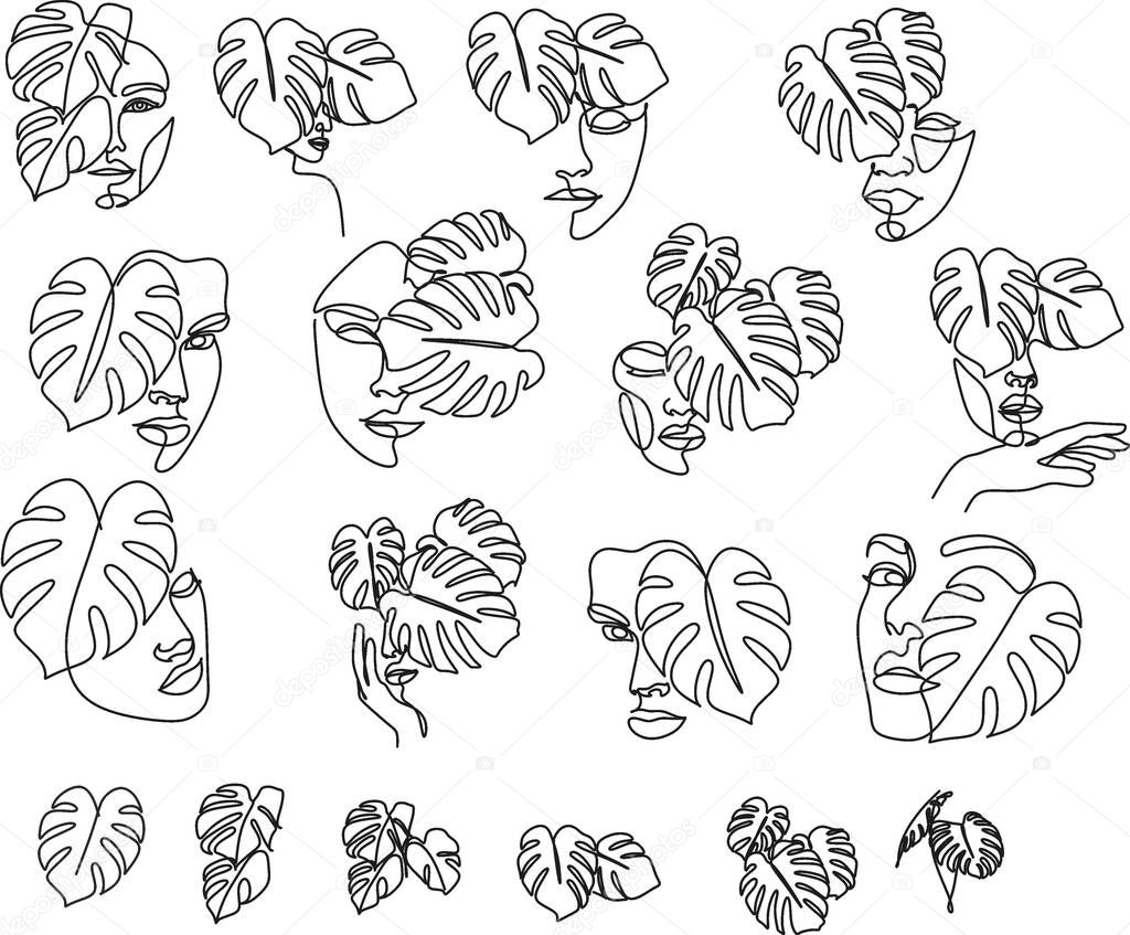 Set Beauty woman face with monstera leaves One Line drawing art. Continuous line icon for spa salon or organic cosmetics